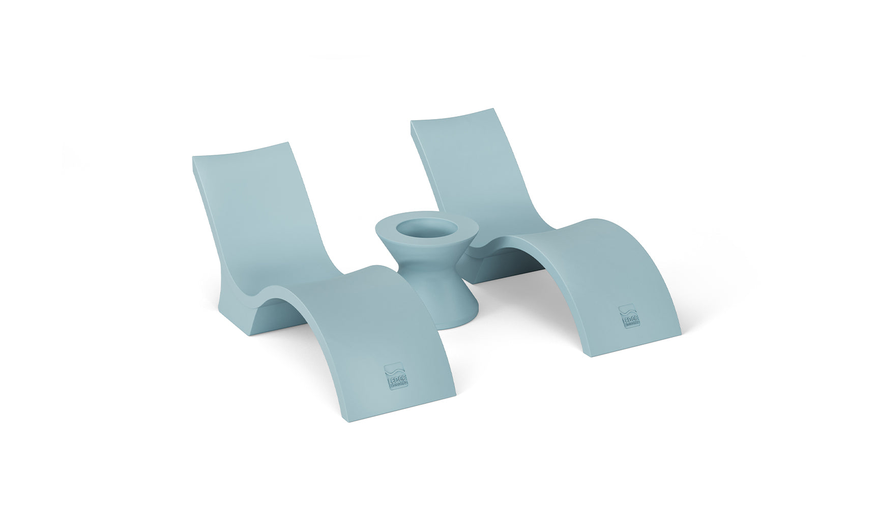 Two Ledge Lounger Outdoor Oasis In-Pool Furniture Bundle - Deep Chaise, modern light blue lounge chairs with smooth curves, sit beside an ice bin side table, showcasing sleek and minimalistic design elements.