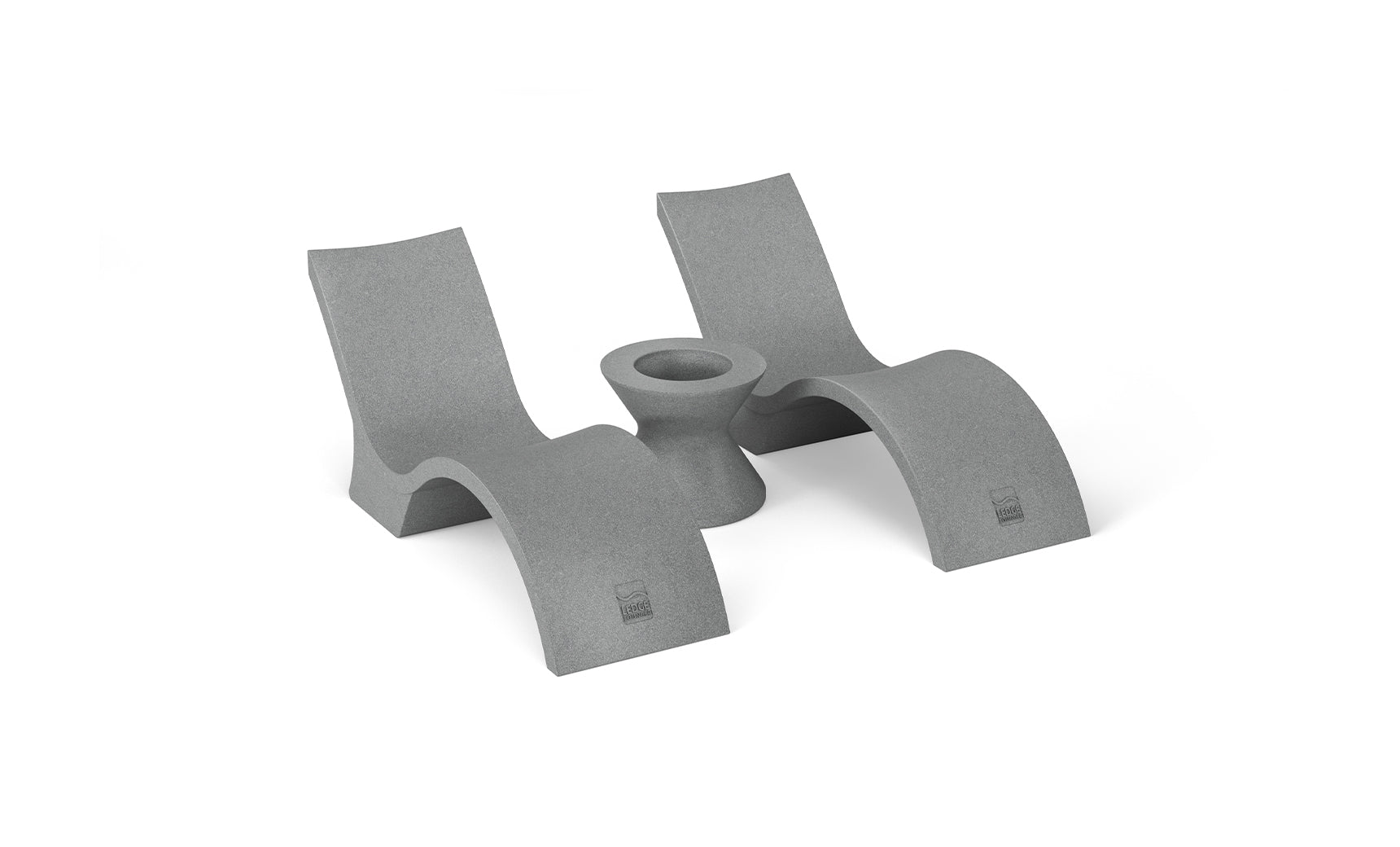 Two sleek, sculptural gray lounge chairs with curved bases from the Ledge Lounger Outdoor Oasis In-Pool Furniture Bundle - Deep Chaise flank a matching ice bin side table. The minimalist set, with a smooth finish, is positioned symmetrically against a plain white backdrop.