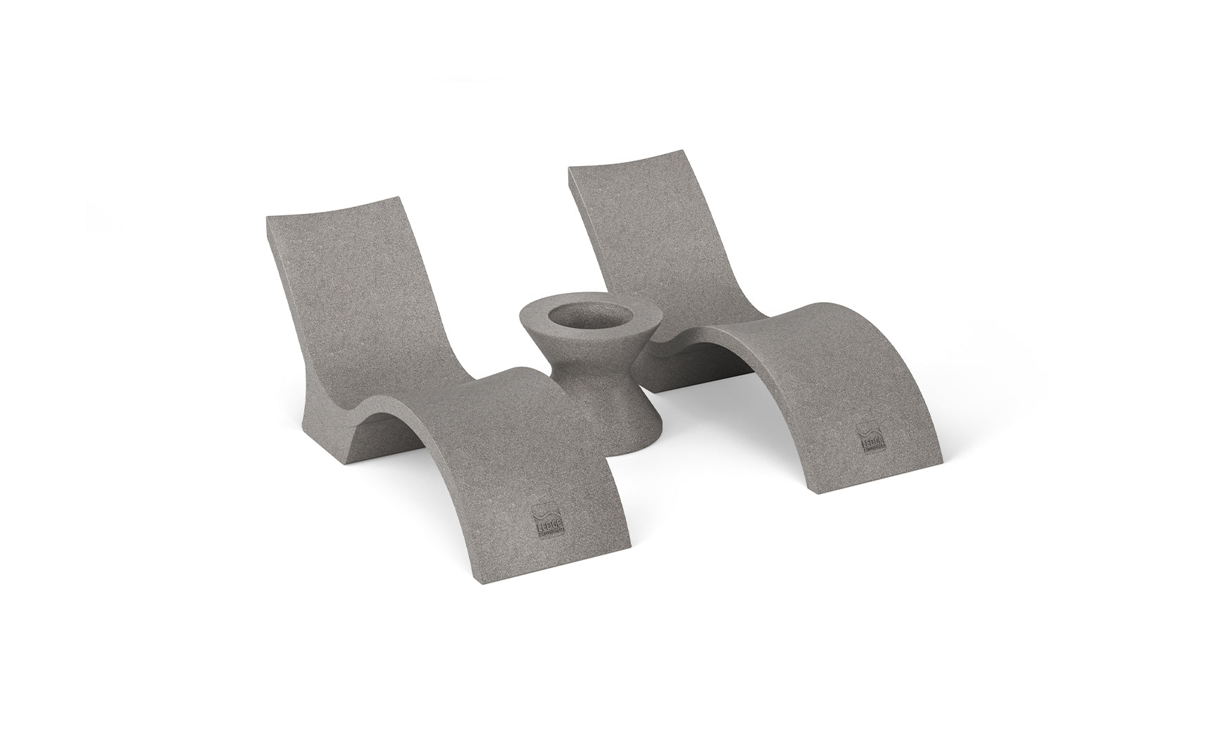 The Outdoor Oasis In-Pool Furniture Bundle - Deep Chaise by Ledge Lounger features gray, modern concrete loungers with curved designs, ideal for a minimalist pool ledge. Paired with a matching Ice Bin Side Table, its perfect against a plain white backdrop.