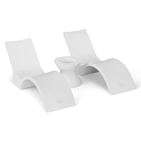 The Outdoor Oasis In-Pool Furniture Bundle by Ledge Lounger features two modern, white Deep Chaise chairs with curved, ergonomic designs and includes a small ice bin side table. Set against a white background, this bundle offers both style and functionality.
