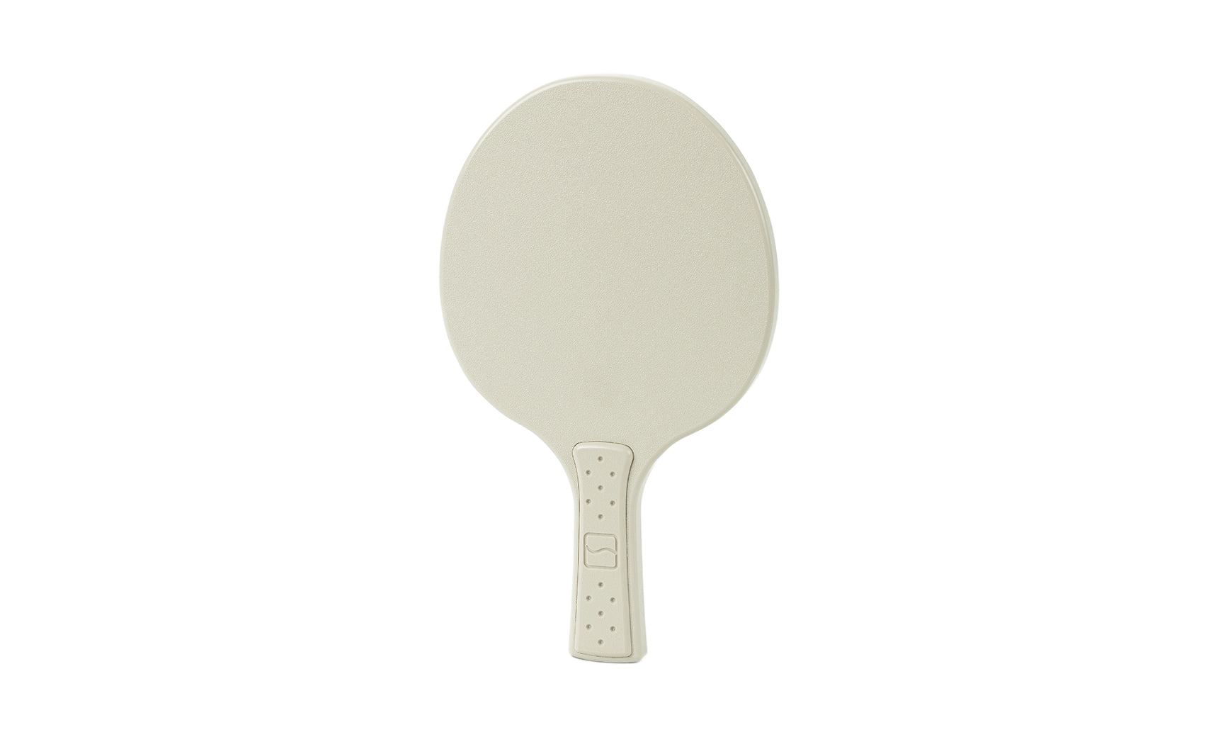 The Ledge Lounger Table Tennis Paddle, in beige with an oval surface and subtly textured handle, is displayed against a white background, evoking the classic style of a handheld mirror.