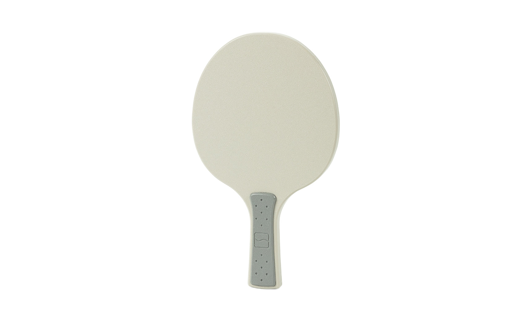A beige Table Tennis Paddle by Ledge Lounger with an oval shape, light gray gripped handle, and dotted texture is displayed on a white background—perfect for any Ledge Table Tennis Set.