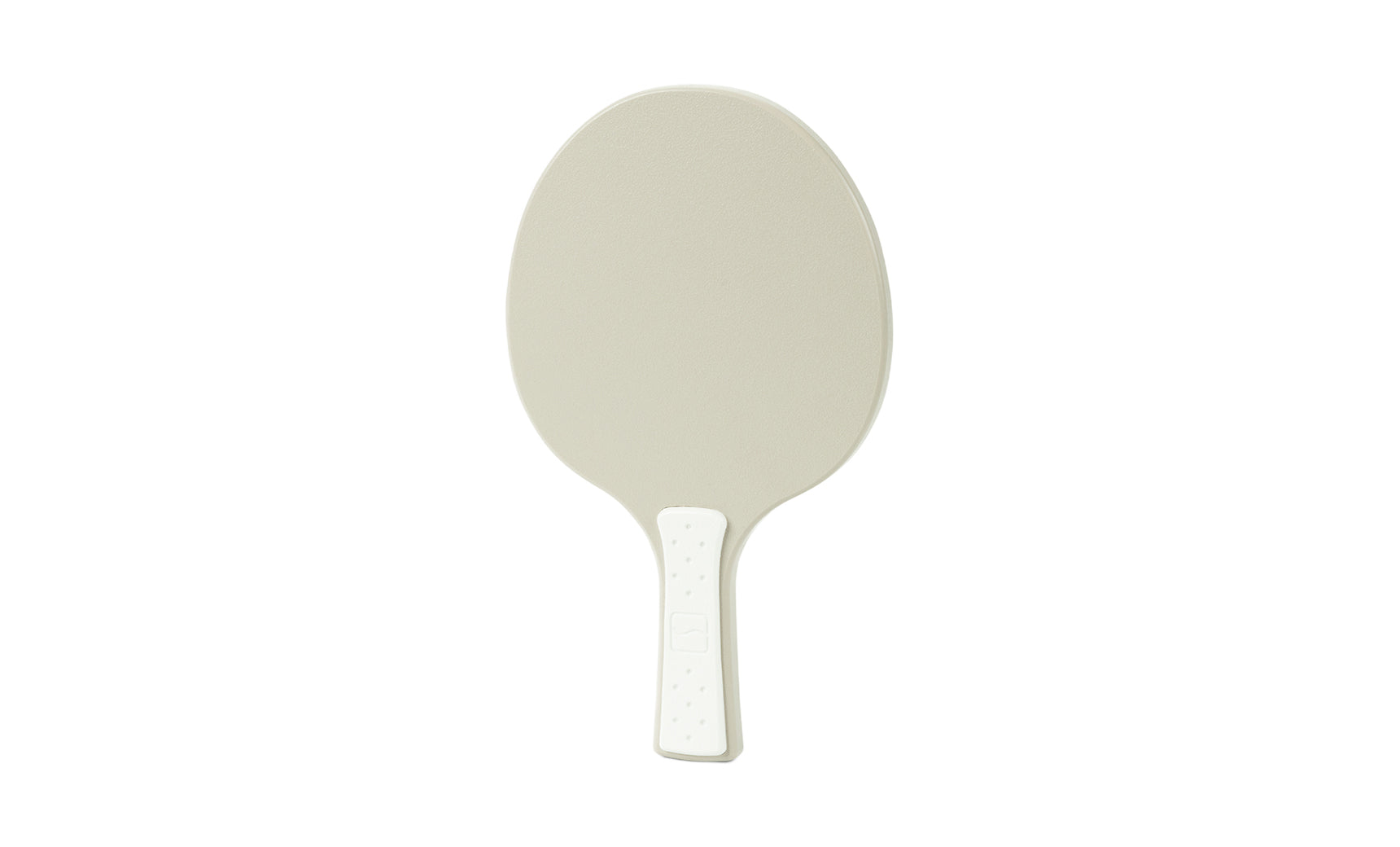 A table tennis paddle by Ledge Lounger is shown against a plain white background, featuring a beige plastic design with a textured oval surface and a short handle.