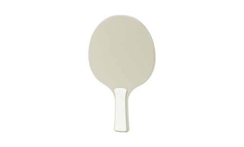 A table tennis paddle by Ledge Lounger is shown against a plain white background, featuring a beige plastic design with a textured oval surface and a short handle.