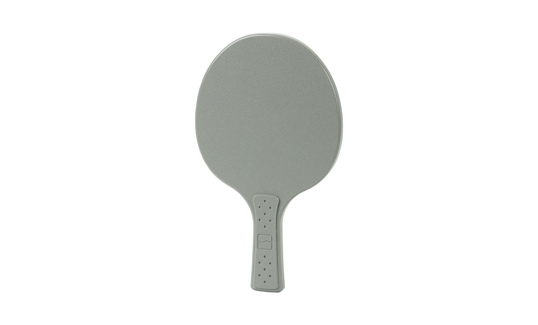 A gray Table Tennis Paddle by Ledge Lounger, featuring a textured handle and smooth surface, displayed on a white background. Ideal addition to your Ledge Table Tennis Set.