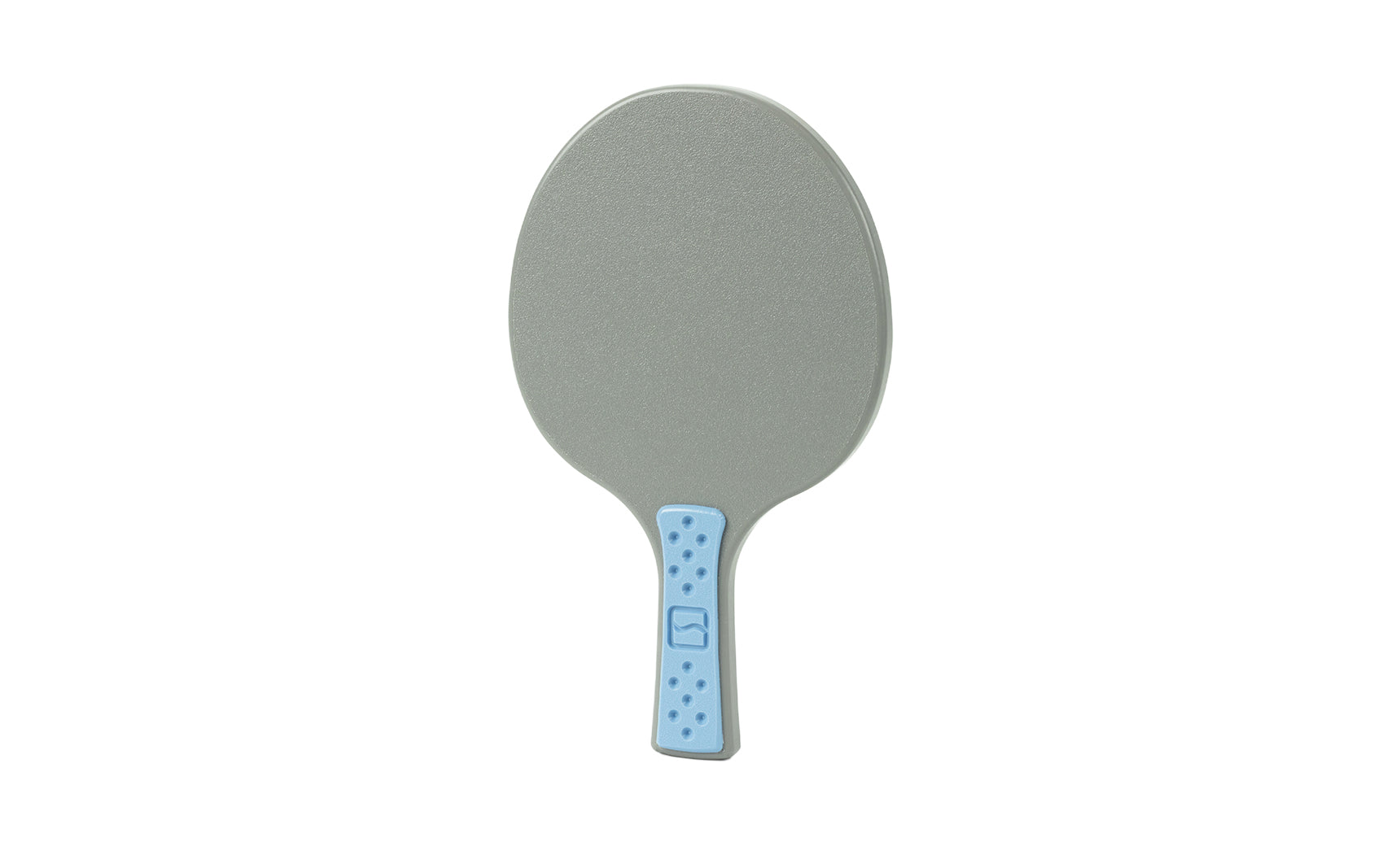 A gray Table Tennis Paddle by Ledge Lounger, with a light blue handle detailed with small dark blue dots, is displayed against a white background.