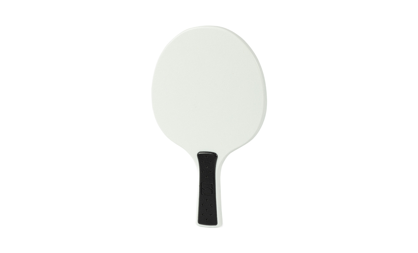 An oval-shaped white Table Tennis Paddle with a black handle from Ledge Lounger, displayed on a plain white background.