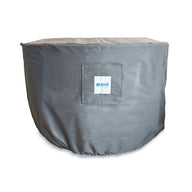 A gray Ledge Lounger Halo Firepit Cover with a square pocket, small white logo label, and adjustable drawstrings is fitted over a round object against a white background.