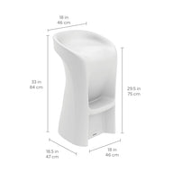 The Ledge Lounger Signature Barstool Bar Height is a tall, modern white outdoor stool with a curved seat and footrest, perfect for poolside or swim-up bars. Dimensions: 33 in (84 cm) H, 18 in (46 cm) W, 18.5 in (47 cm) D, seat height 29.5 in (75 cm).