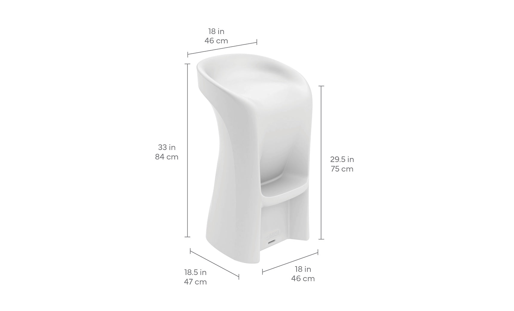 The Ledge Lounger Signature Barstool Bar Height is a tall, modern white outdoor stool with a curved seat and footrest, perfect for poolside or swim-up bars. Dimensions: 33 in (84 cm) H, 18 in (46 cm) W, 18.5 in (47 cm) D, seat height 29.5 in (75 cm).