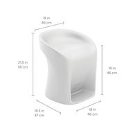 The Signature Barstool Counter Height by Ledge Lounger features a white, curved seamless design with an open base—perfect for patios or pool bars. Dimensions: 21.5 H x 18 W x 18.5 D (55x46x47cm).