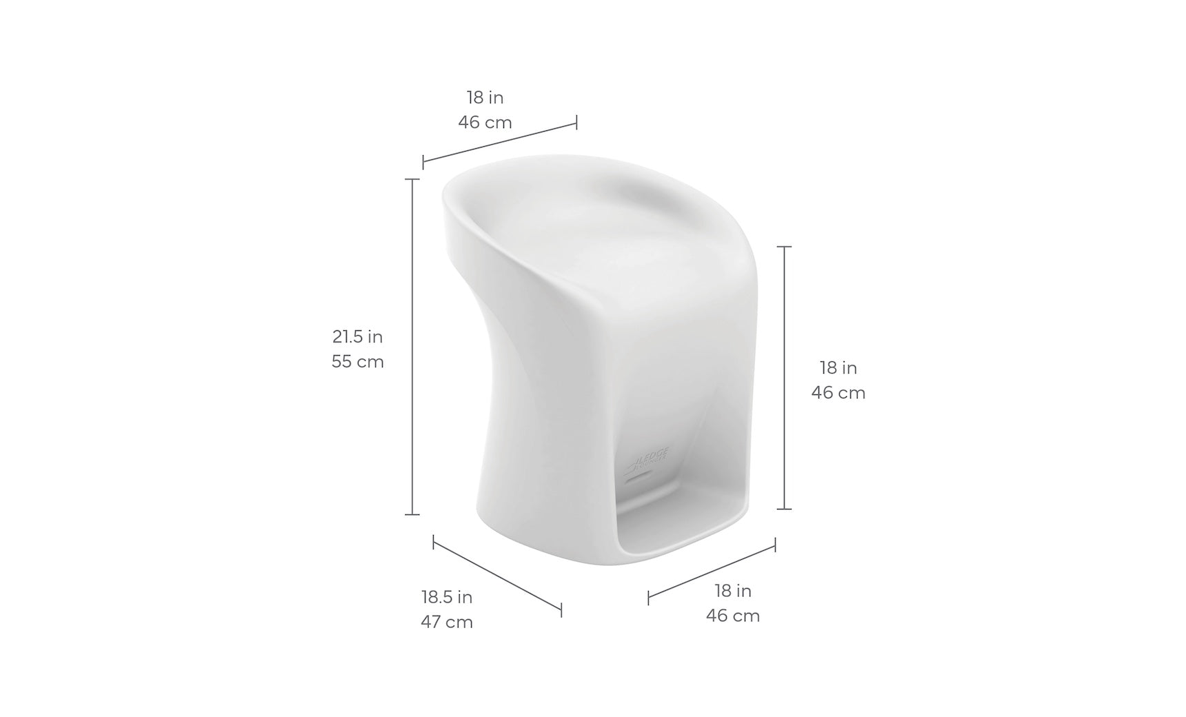 The Signature Barstool Counter Height by Ledge Lounger features a white, curved seamless design with an open base—perfect for patios or pool bars. Dimensions: 21.5 H x 18 W x 18.5 D (55x46x47cm).