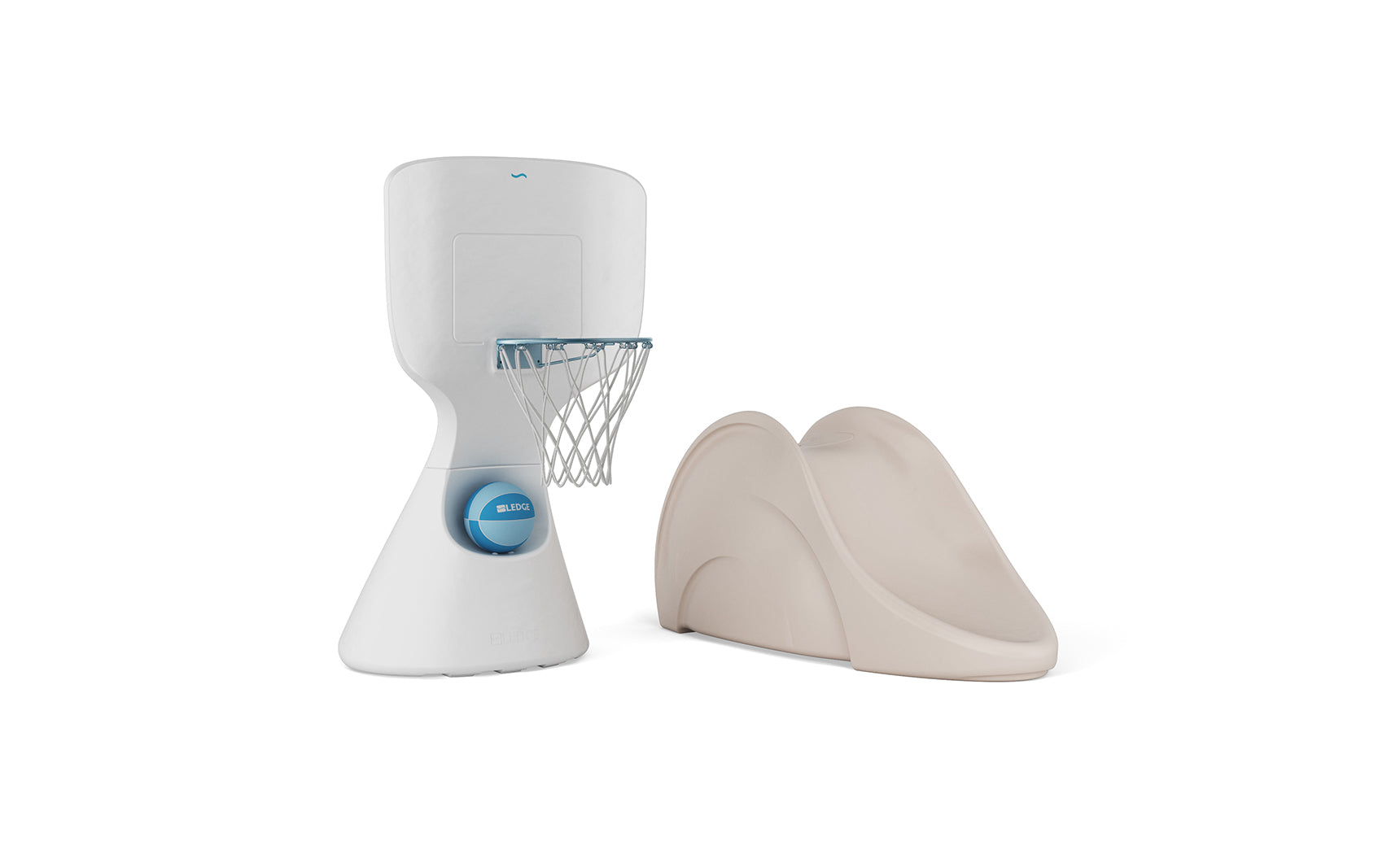 The Ledge Lounger Hoopstr and Signature Slide In-Pool Games Set is a children's indoor play set with a white basketball hoop (blue rim/net) and beige slide, shown on a white background.