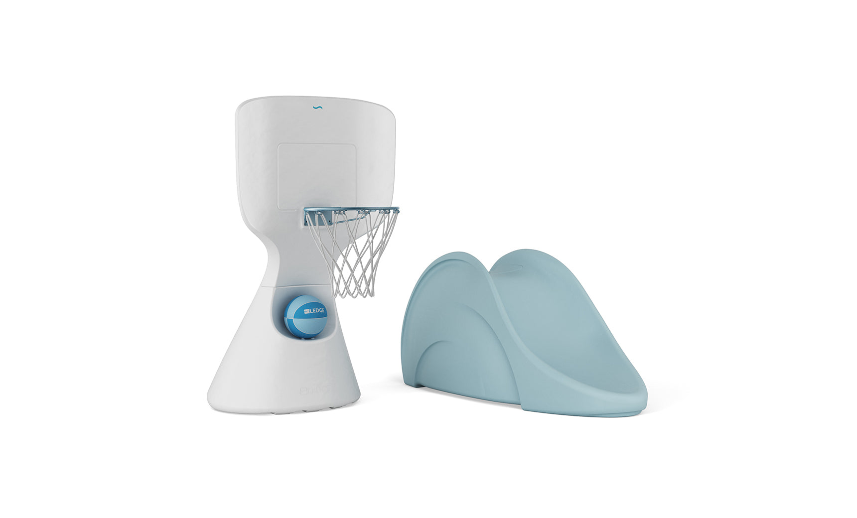 The Ledge Lounger Hoopstr and Signature Slide In-Pool Games Set features a white and blue children’s playset with a basketball hoop and a small slide—ideal for pairing with your pool loungers or in-pool chaises.