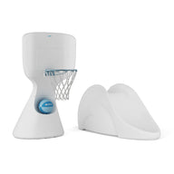 The Ledge Lounger Hoopstr and Signature Slide In-Pool Games Set, featuring a white basketball hoop with blue net and a matching small slide, is displayed on a plain white background.