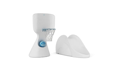The Ledge Lounger Hoopstr and Signature Slide In-Pool Games Set, featuring a white basketball hoop with blue net and a matching small slide, is displayed on a plain white background.