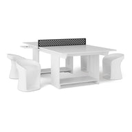 The Ledge Lounger Table Tennis and Barstools Gathering Set features a modern white table with a black divider, reminiscent of ping pong, and is paired with four curved white stools, all shown against a plain white background.