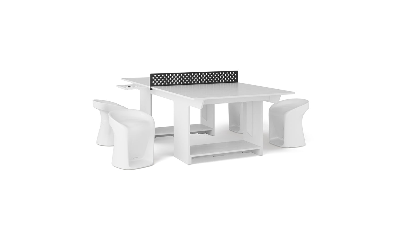 The Ledge Lounger Table Tennis and Barstools Gathering Set features a modern white table with a black divider, reminiscent of ping pong, and is paired with four curved white stools, all shown against a plain white background.