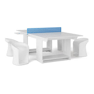 The Ledge Lounger Table Tennis and Barstools Gathering Set is a modern white table with four curved stools and a blue divider, ideal for collaborative work, meetings, or as an outdoor ping pong table for extra entertainment.