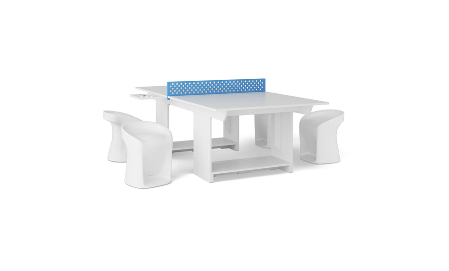 The Ledge Lounger Table Tennis and Barstools Gathering Set is a modern white table with four curved stools and a blue divider, ideal for collaborative work, meetings, or as an outdoor ping pong table for extra entertainment.