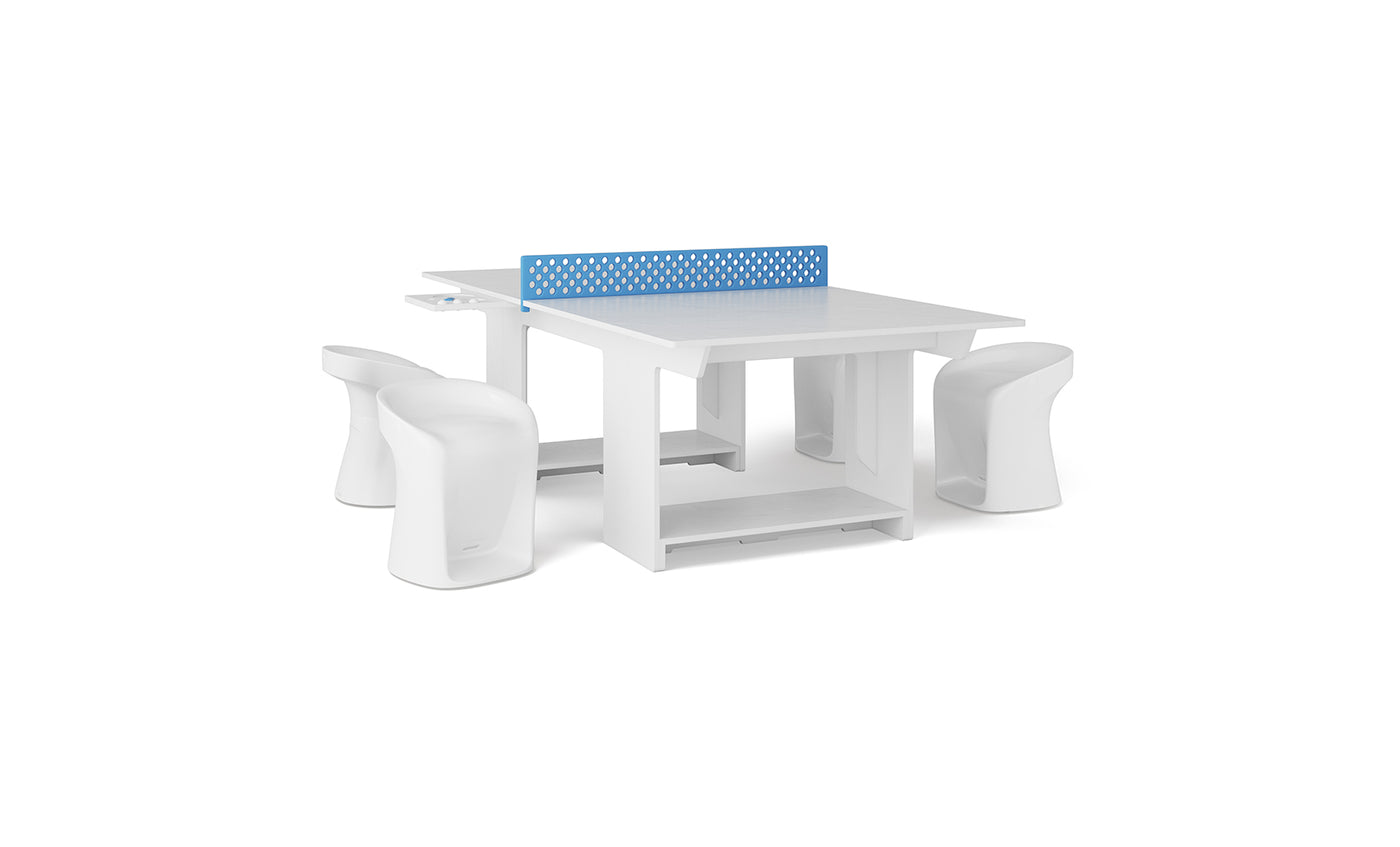 The Ledge Lounger Table Tennis and Barstools Gathering Set features a modern white table with a blue divider and four curved white stools, creating a stylish setup for outdoor entertainment against a crisp white background.