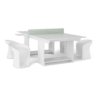 The Ledge Lounger Table Tennis and Barstools Gathering Set features a modern white table with a perforated central divider inspired by table tennis, plus four matching curved stools, all shown on a plain white background.