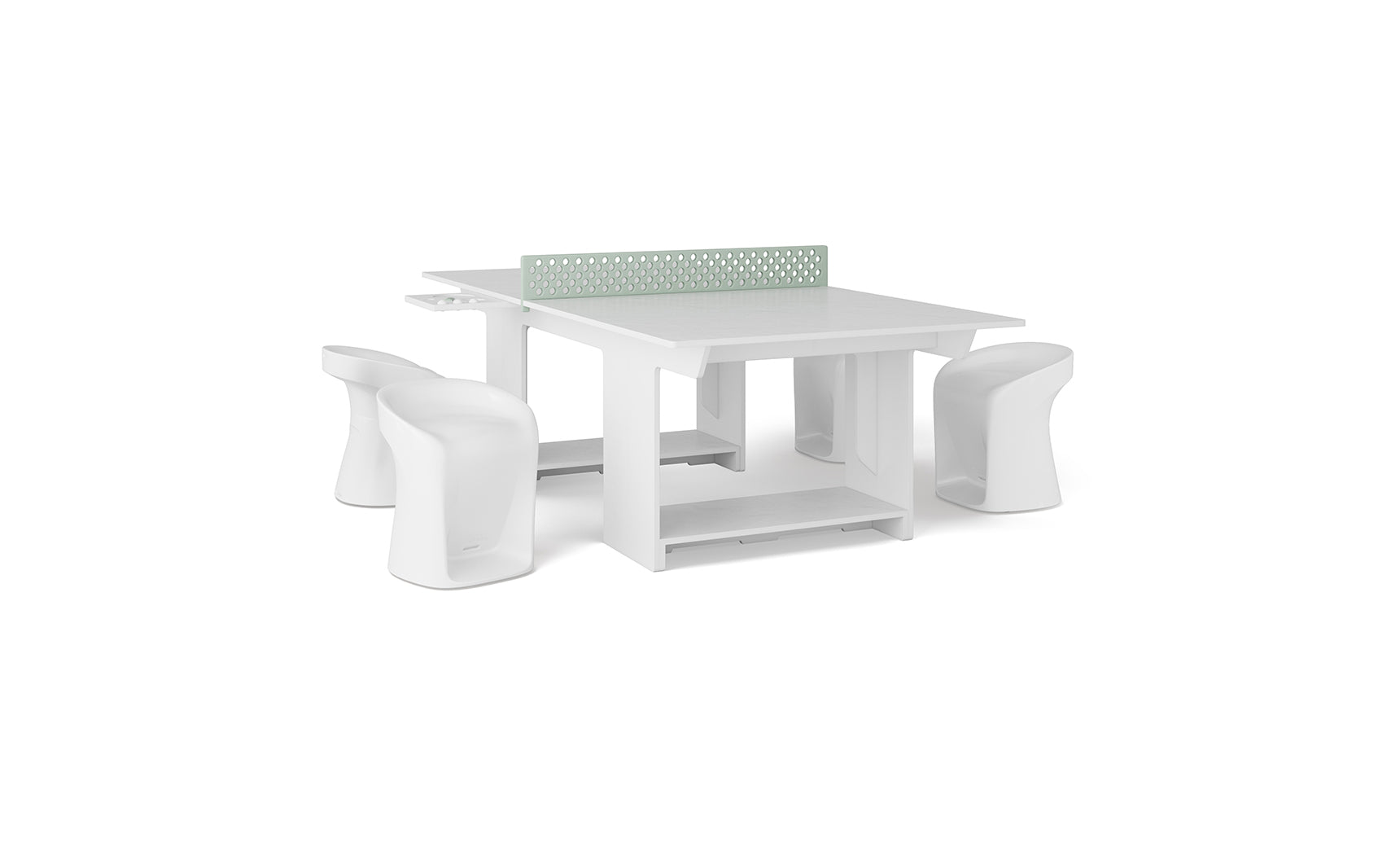 The Ledge Lounger Table Tennis and Barstools Gathering Set features a modern white table with a perforated central divider inspired by table tennis, plus four matching curved stools, all shown on a plain white background.