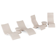 The Ledge Lounger Signature Chaise with Chairs and Side Table In-Pool 6-Piece Set features four modern beige lounge chairs and matching round side tables, arranged in a row against a plain white background.