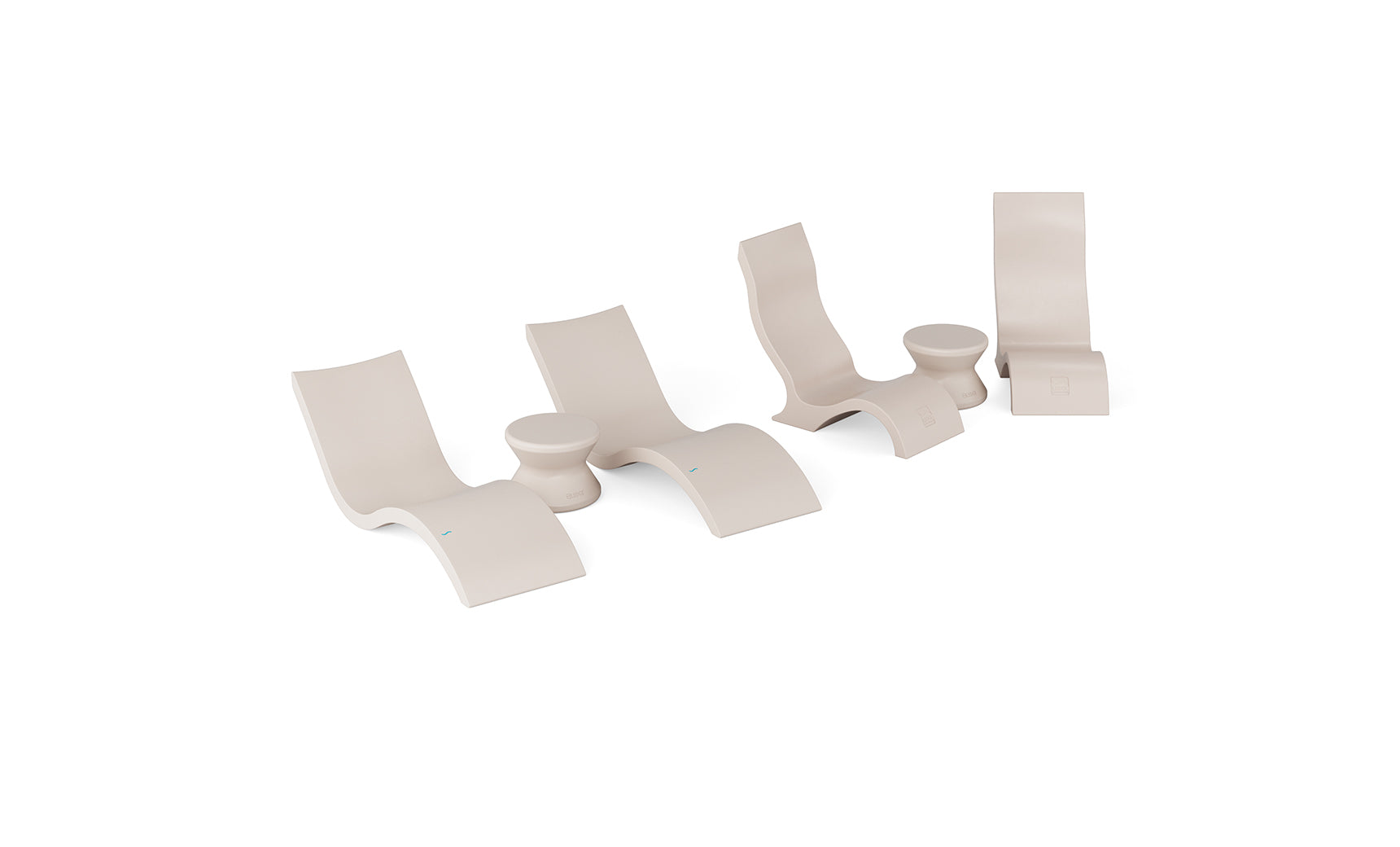The Ledge Lounger Signature Chaise with Chairs and Side Table In-Pool 6-Piece Set features four modern beige lounge chairs and matching round side tables, arranged in a row against a plain white background.