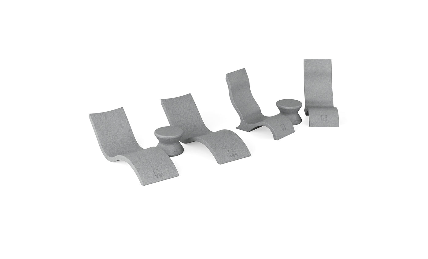 The Ledge Lounger Signature Chaise with Chairs and Side Table In-Pool 6-Piece Set features four sleek gray lounge chairs and two round side tables in a modern, minimalist style, perfect for resort-inspired poolside relaxation.