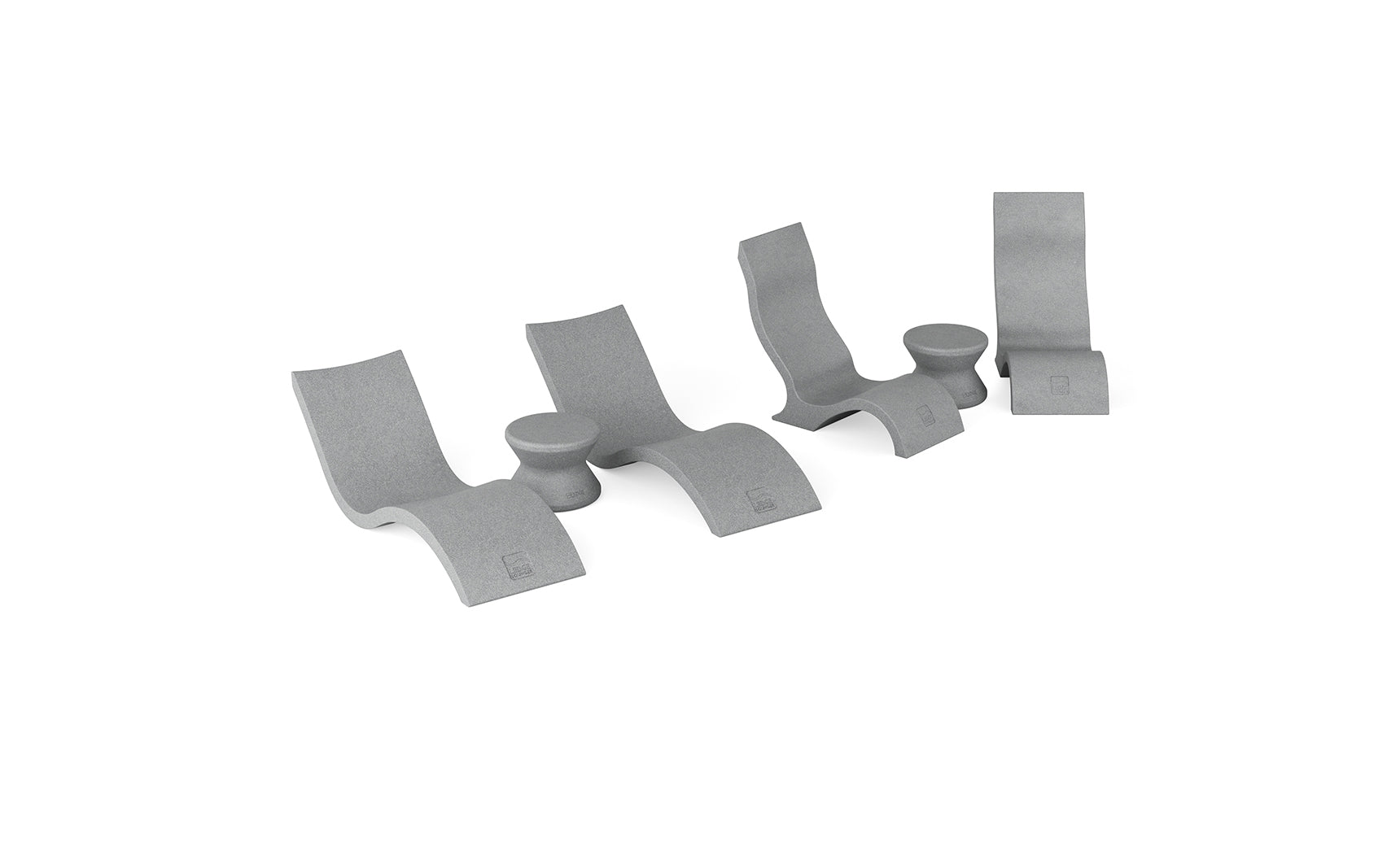 The Ledge Lounger Signature Chaise with Chairs and Side Table In-Pool 6-Piece Set features four sleek gray lounge chairs and two round side tables in a modern, minimalist style, perfect for resort-inspired poolside relaxation.