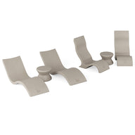 The Ledge Lounger Signature Chaise with Chairs and Side Table In-Pool 6-Piece Set features four curved beige lounge chairs and two matching round tables, displayed in a row on white, highlighting modern poolside style for resort settings.