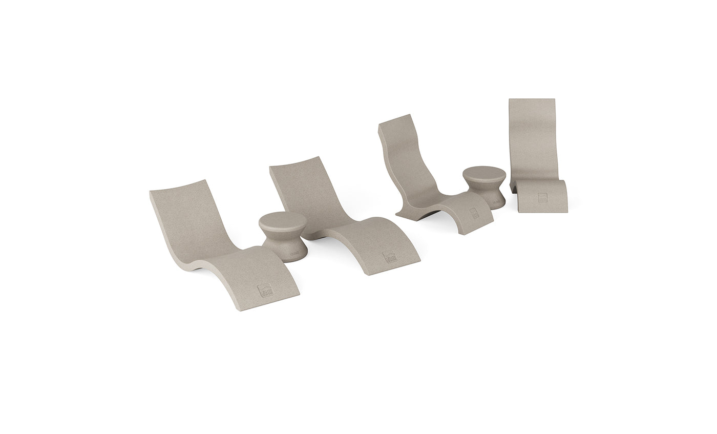 The Ledge Lounger Signature Chaise with Chairs and Side Table In-Pool 6-Piece Set features four curved beige lounge chairs and two matching round tables, displayed in a row on white, highlighting modern poolside style for resort settings.