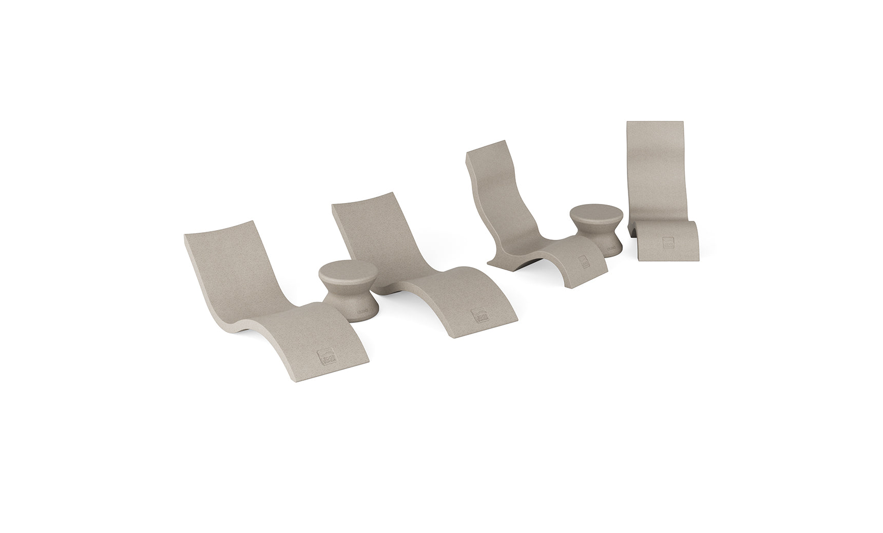 The Ledge Lounger Signature Chaise with Chairs and Side Table In-Pool 6-Piece Set features four curved beige lounge chairs and two matching round tables, displayed in a row on white, highlighting modern poolside style for resort settings.