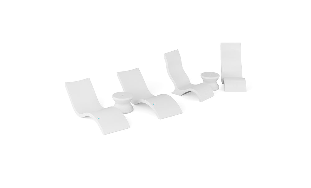 The Ledge Lounger Signature Chaise with Chairs and Side Table In-Pool 6-Piece Set features four modern white loungers and two matching side tables, ideal for a stylish pool ledge furniture arrangement.