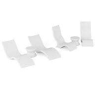 The Ledge Lounger Signature Chaise with Chairs and Side Table In-Pool 6-Piece Set features four modern white curved lounge chairs and two round tables arranged in a row, evoking resort-style poolside relaxation.