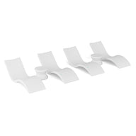 Four modern, white wall hooks—each with a curved, minimalist shape and a blue dot accent—are arranged side by side, echoing the sleek style of the Ledge Lounger Signature Chaise and Side Table In-Pool 6-Piece Set.
