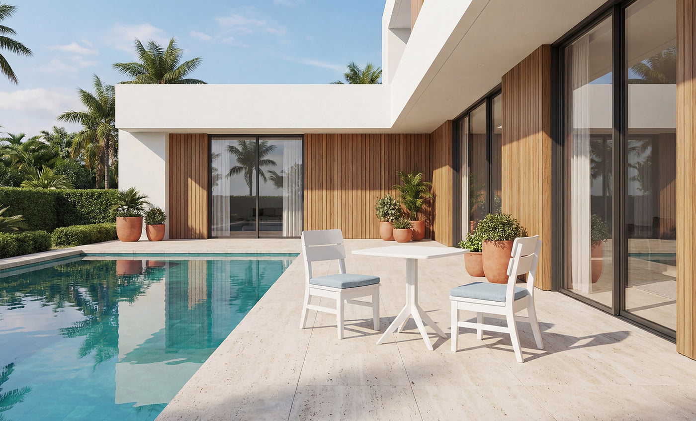 Modern house with large windows, a pool, and a patio area featuring a white table with Mainstay Dining Chairs topped with Ledge Lounger Mainstay Dining Side Chair Seat Cushions, all surrounded by potted plants and palm trees under a bright, clear sky.