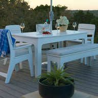 A sample product description: The Mainstay Dining 9-Piece Patio Set by Ledge Lounger is elegantly arranged with chairs, a bench, wine glasses, a wine bottle, flowers, and a blue towel on a deck surrounded by trees at sunset. This inviting scene perfectly showcases the patio set in an outdoor setting ideal for entertaining guests or relaxing with loved ones.
