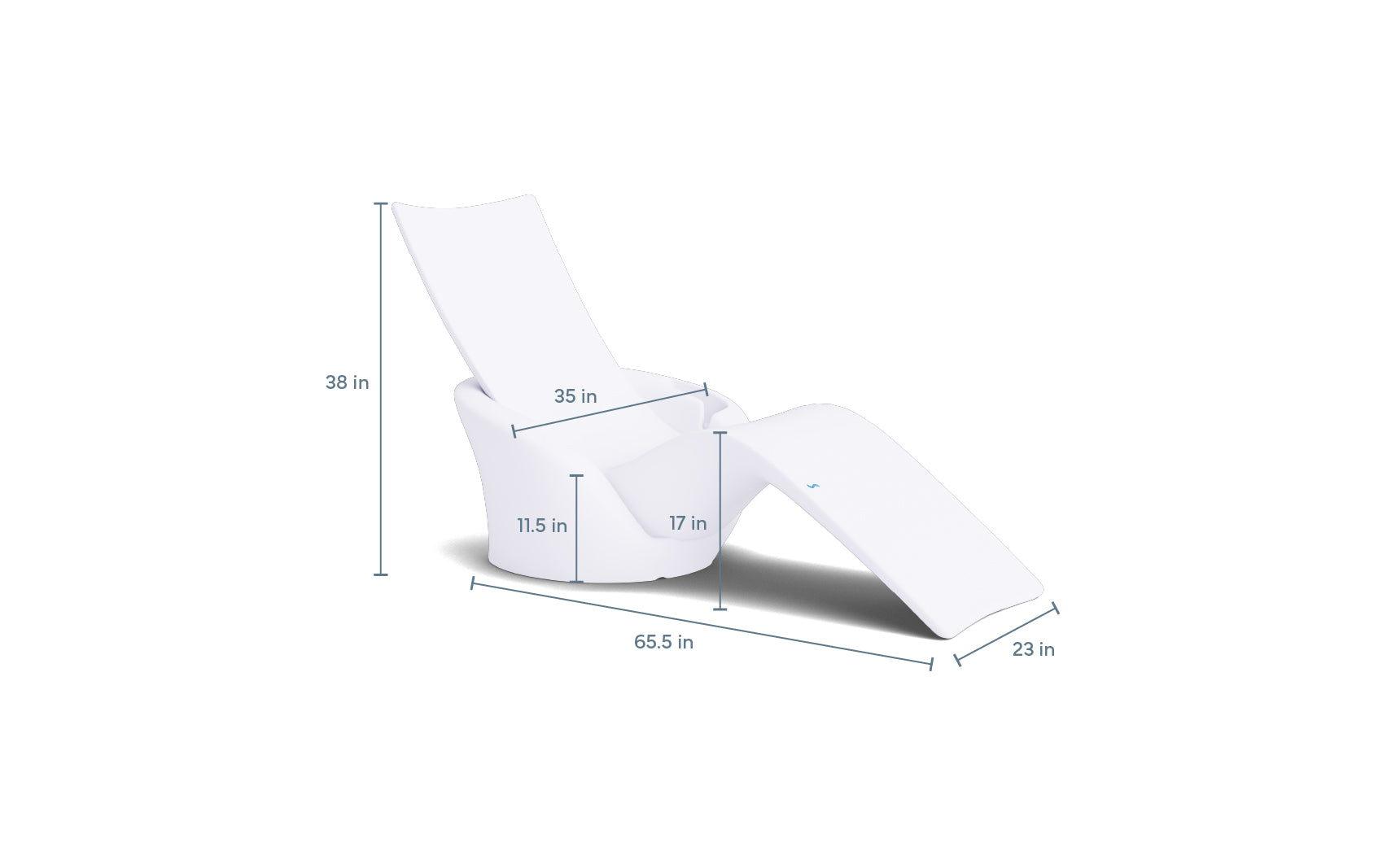 The Ledge Lounger Autograph Chaise Island Lounge In-Pool & Patio Set is a white modern chaise, 38" tall, 35" backrest length, seat heights at 11.5" and 17", total length 65.5", and 23" wide—perfect for patio relaxation.