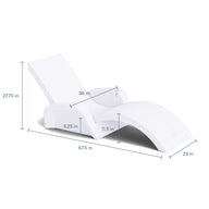 The Ledge Lounger Signature Chaise and Armrest Console In-Pool Lounge Set is a white curved chair with built-in cupholders, measuring 67.5"L x 23"W x 27.75"H, a 36" backrest, 11.5" seat height, and a 52.5" lounging area.