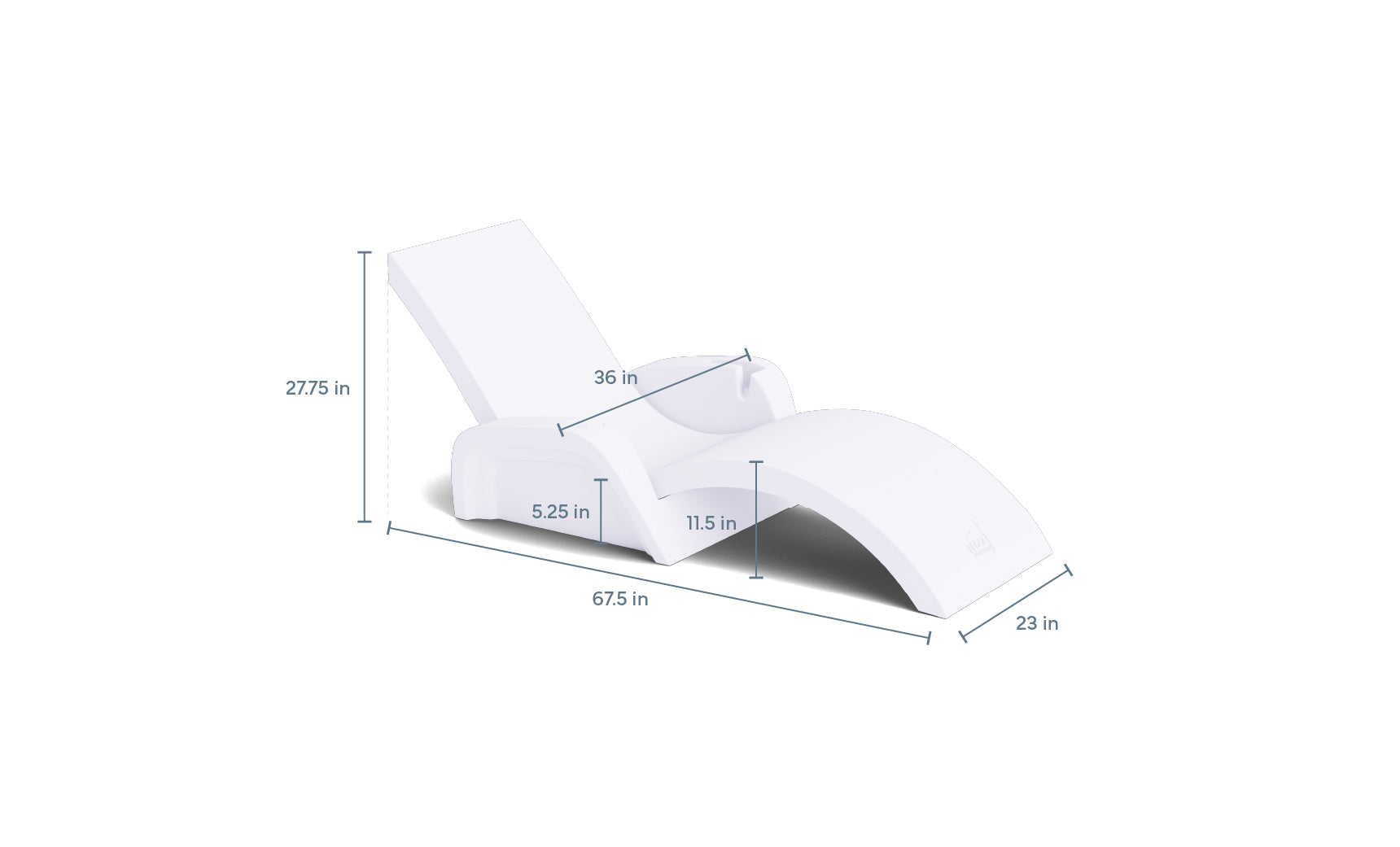 The Ledge Lounger Signature Chaise and Armrest Console In-Pool Lounge Set is a white curved chair with built-in cupholders, measuring 67.5"L x 23"W x 27.75"H, a 36" backrest, 11.5" seat height, and a 52.5" lounging area.