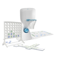 The Ledge Lounger Oversized Patio Games Set features a white basketball hoop, vertical Connect Four, X-shaped dominoes, and a Scattergories board—perfect for exciting backyard fun on any occasion.
