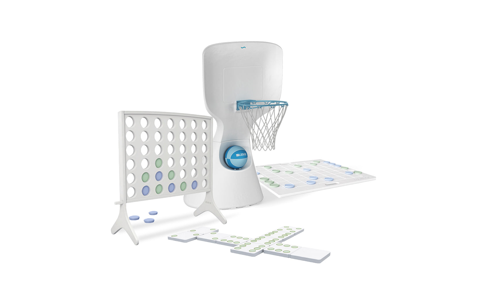 The Ledge Lounger Oversized Patio Games Set features a white basketball hoop, vertical Connect Four, X-shaped dominoes, and a Scattergories board—perfect for exciting backyard fun on any occasion.
