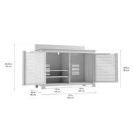 The Ledge Lounger Mainstay Bar Credenza features double doors that open to reveal shelves for convenient patio storage. Dimensions: 43.25 in (110 cm) height, 37.5 in (95 cm) side height, 22 in (56 cm) depth, and 57 in (144 cm) width.