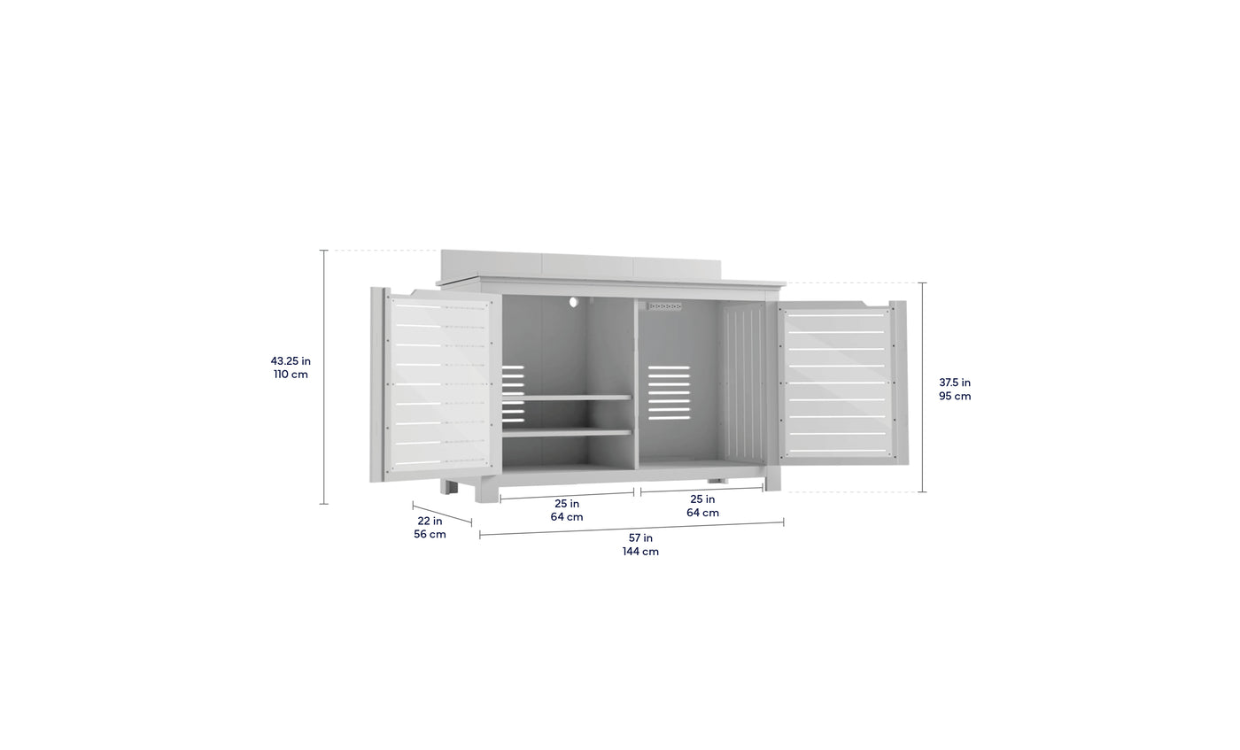 The Ledge Lounger Mainstay Bar Credenza features double doors that open to reveal shelves for convenient patio storage. Dimensions: 43.25 in (110 cm) height, 37.5 in (95 cm) side height, 22 in (56 cm) depth, and 57 in (144 cm) width.