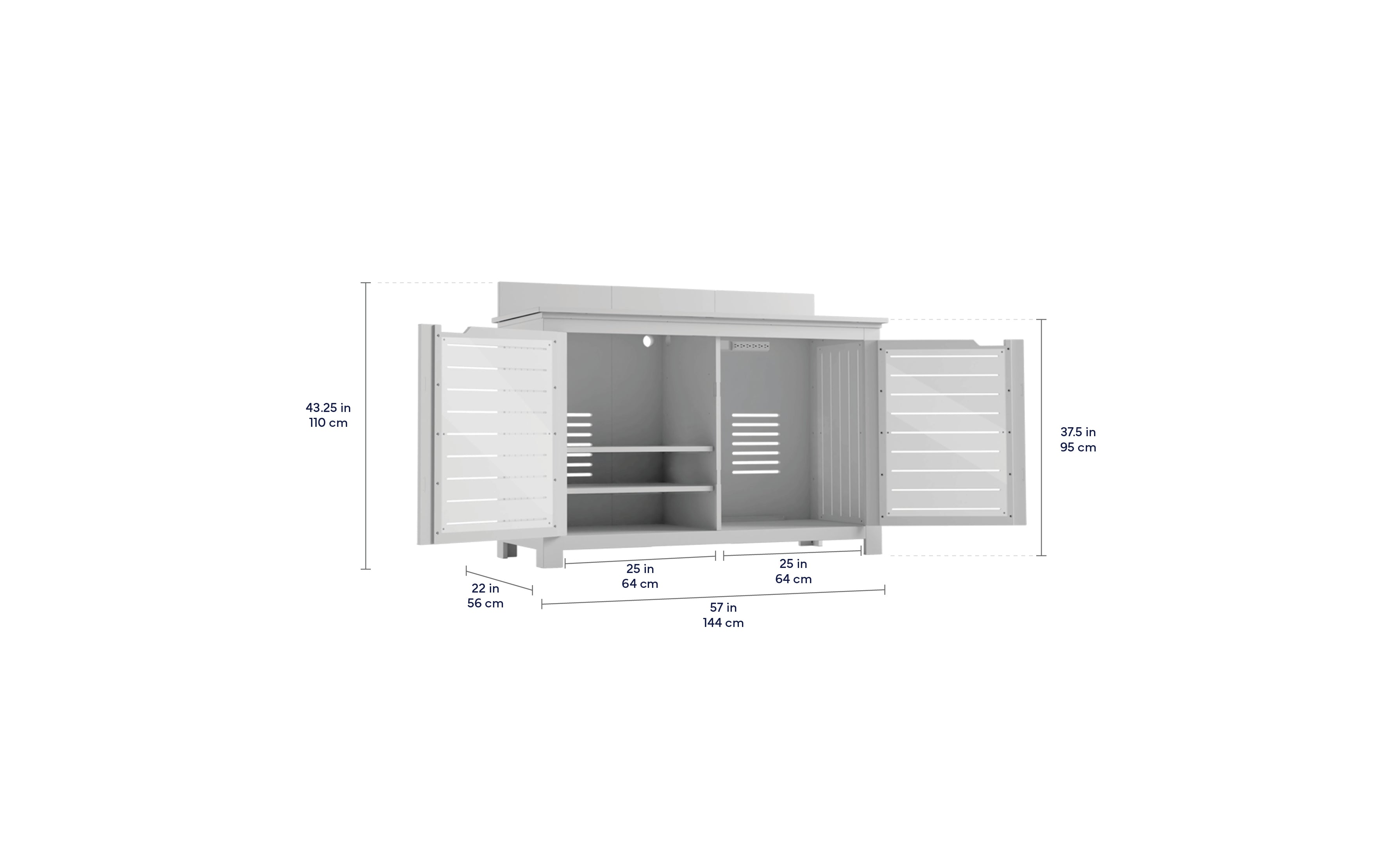 The Ledge Lounger Mainstay Bar Credenza features double doors that open to reveal shelves for convenient patio storage. Dimensions: 43.25 in (110 cm) height, 37.5 in (95 cm) side height, 22 in (56 cm) depth, and 57 in (144 cm) width.