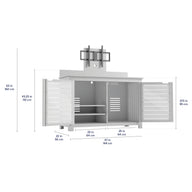 The Ledge Lounger Mainstay Bar Credenza with TV Mount is a white outdoor storage unit featuring two open doors, interior shelves, and a built-in range hood. It measures 63"H x 57"W x 22"D (43.25" counter height)—ideal for patio entertainment.