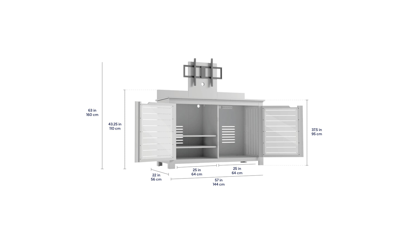 The Ledge Lounger Mainstay Bar Credenza with TV Mount is a white outdoor storage unit featuring two open doors, interior shelves, and a built-in range hood. It measures 63"H x 57"W x 22"D (43.25" counter height)—ideal for patio entertainment.