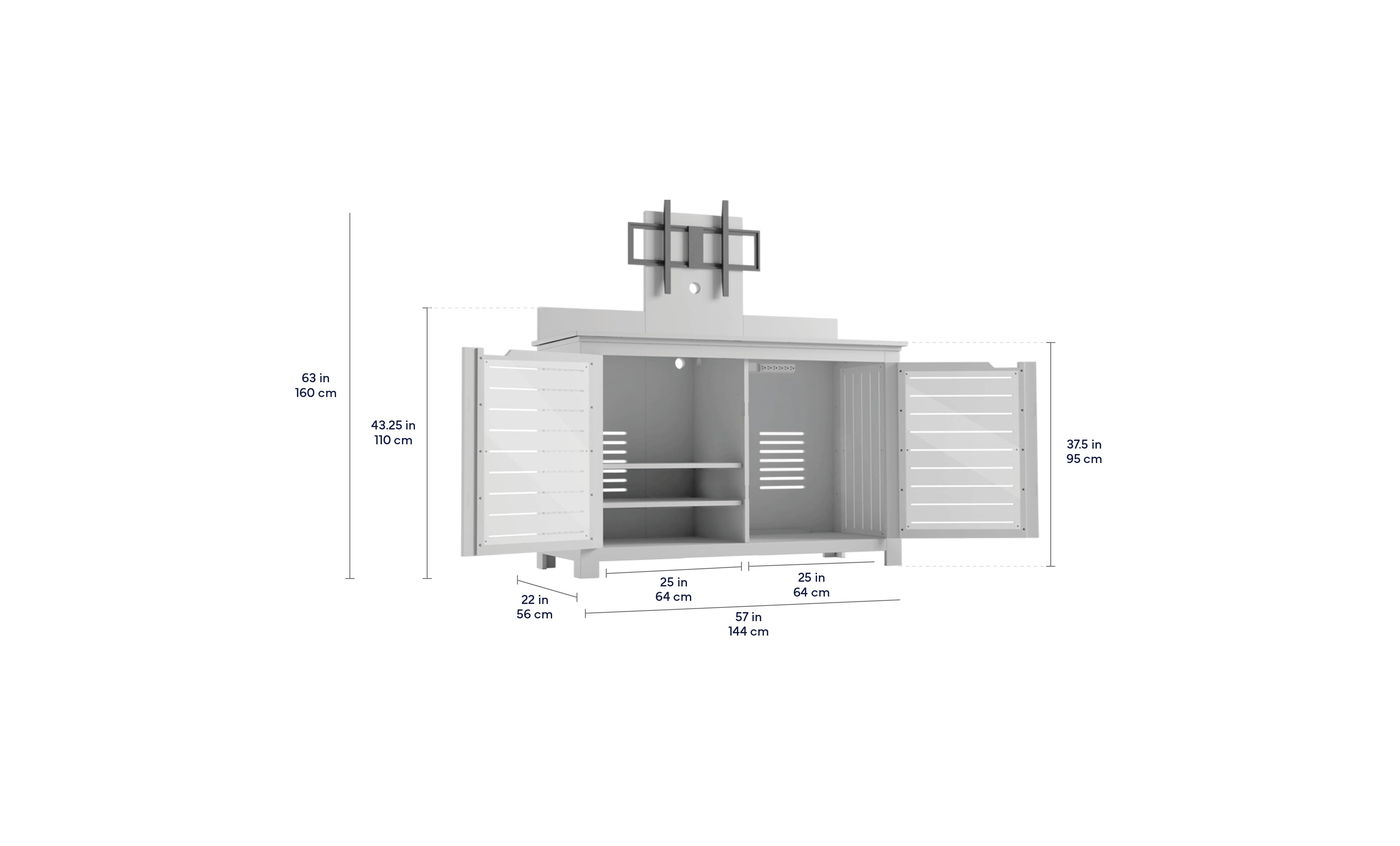 The Ledge Lounger Mainstay Bar Credenza with TV Mount is a white outdoor storage unit featuring two open doors, interior shelves, and a built-in range hood. It measures 63"H x 57"W x 22"D (43.25" counter height)—ideal for patio entertainment.